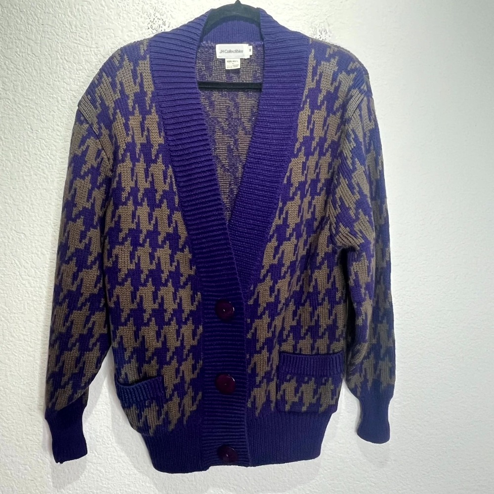Vintage JH Collectibles Wool Cardigan Sweater Womens M Purple Brown Houndstooth